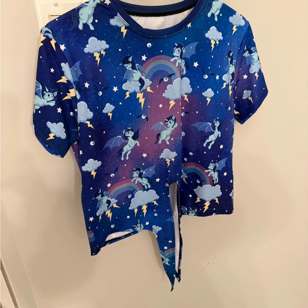 Blue Graphic T-Shirt with Unicorns and Rainbows - Picture 2 of 7